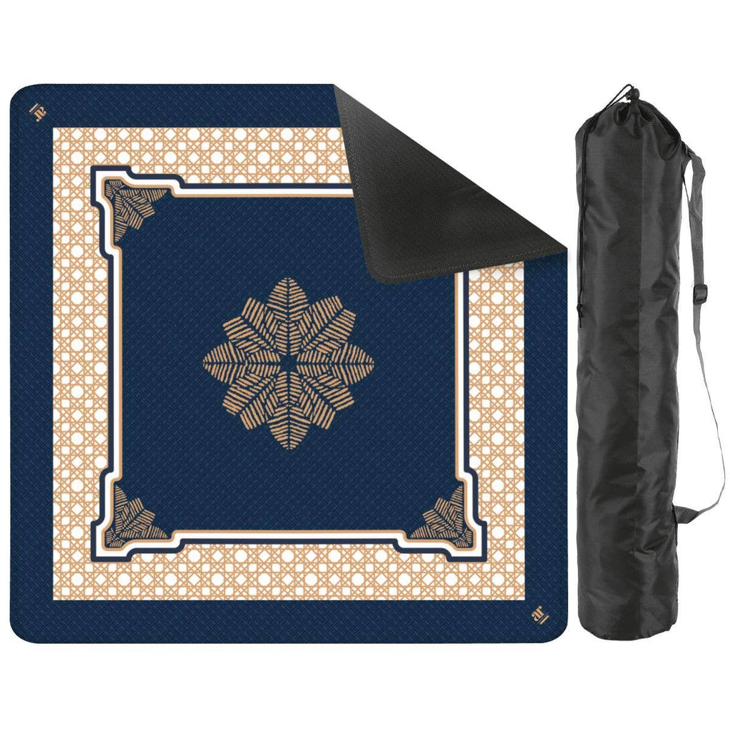 Navy Manor Mahjong Mat featuring a floral pattern and cane webbing-inspired border, designed for smooth gameplay and non-slip support.