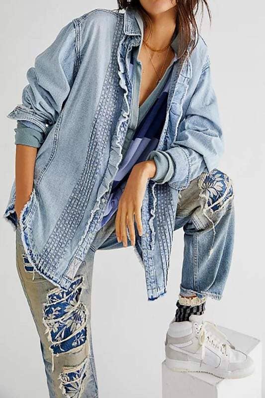 Flarix - Ruffled Pintuck Denim Shirt