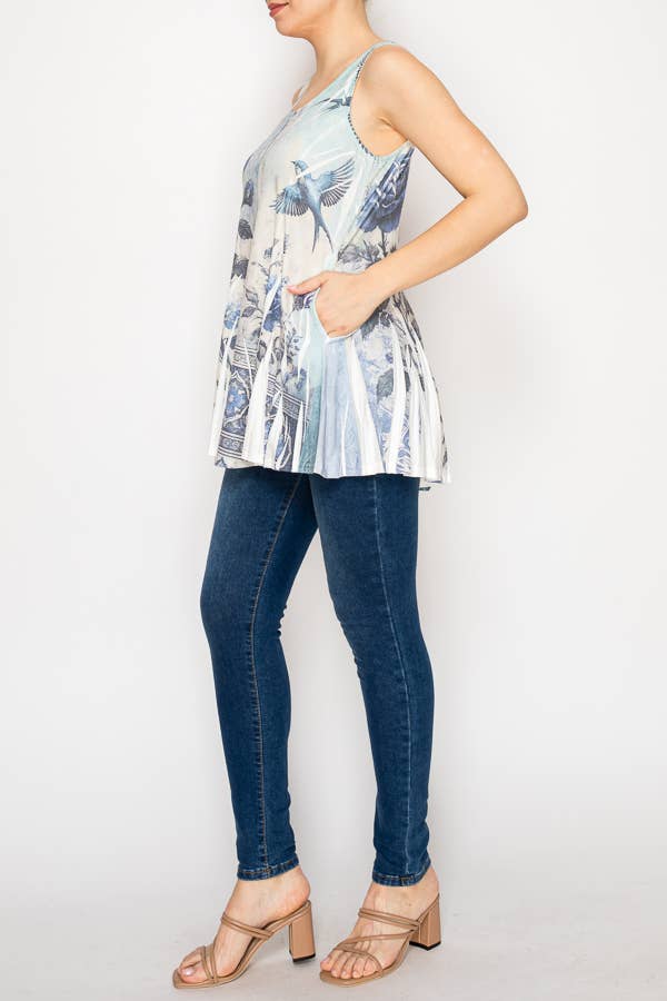 Origami Apparel ~  Lace and Crochet inspired - FLOWY TANK TUNIC WITH POCKETS -T16IV BLUE BIRD
