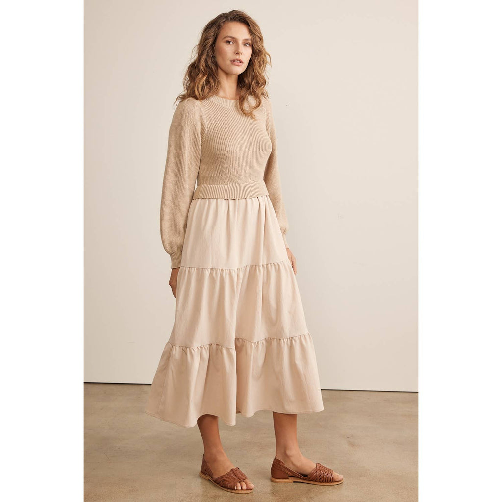 in february - SPECIAL MIXED MEDIA SWEATER MIDI DRESS WITH TIERED RUFFLES