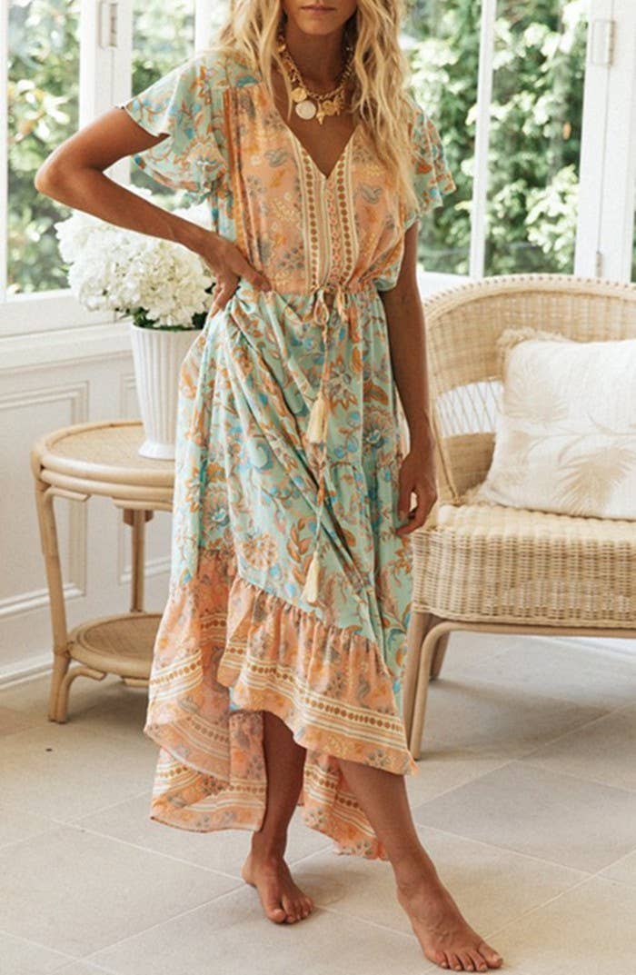 Rosa Clothing - Bohemia Border Print Flutter Sleeve Maxi Dress