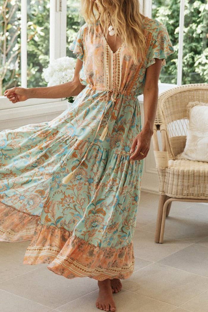 Rosa Clothing - Bohemia Border Print Flutter Sleeve Maxi Dress
