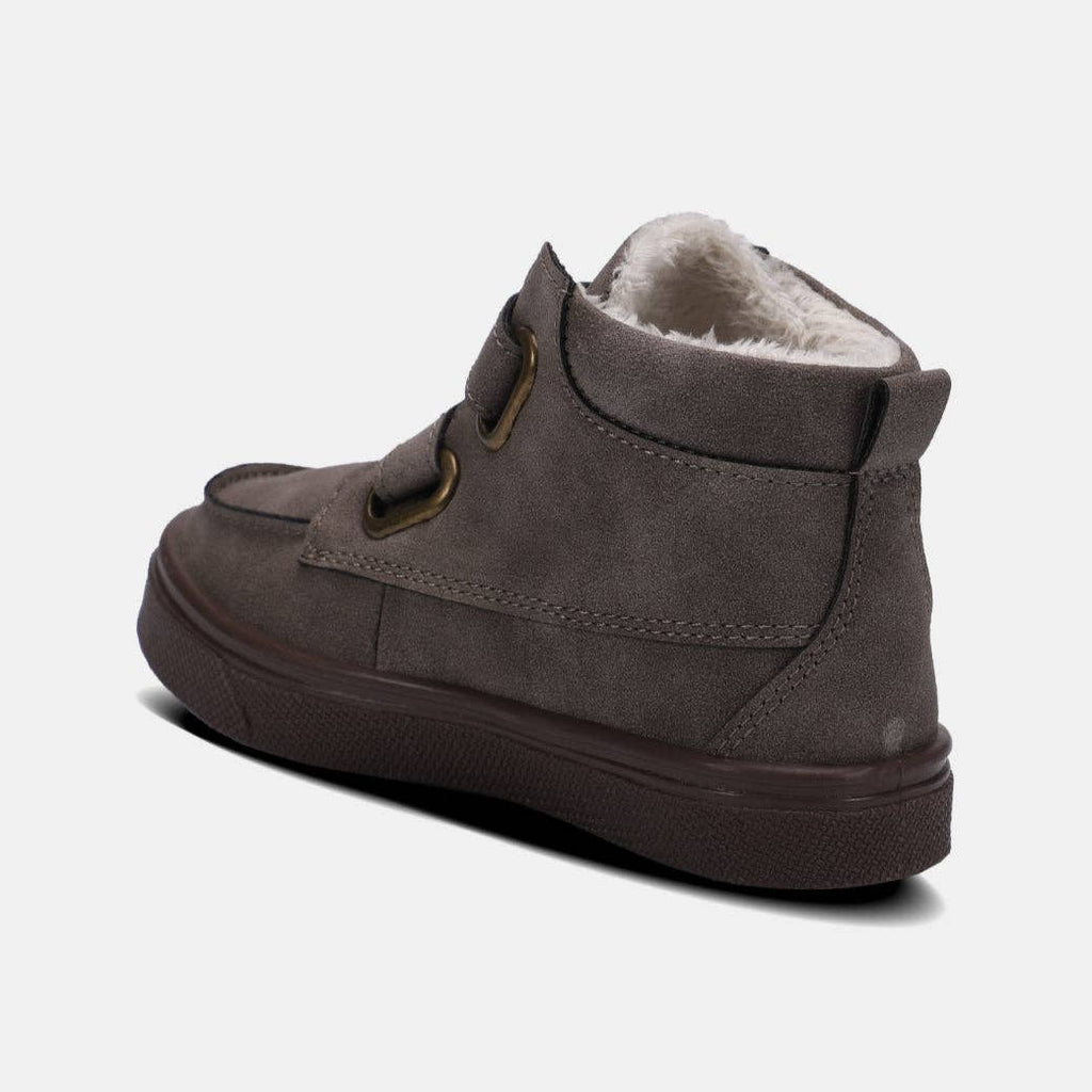 Gray mid-height boot with faux fur lining and double hook & loop straps for young boys, designed for outdoor adventures.