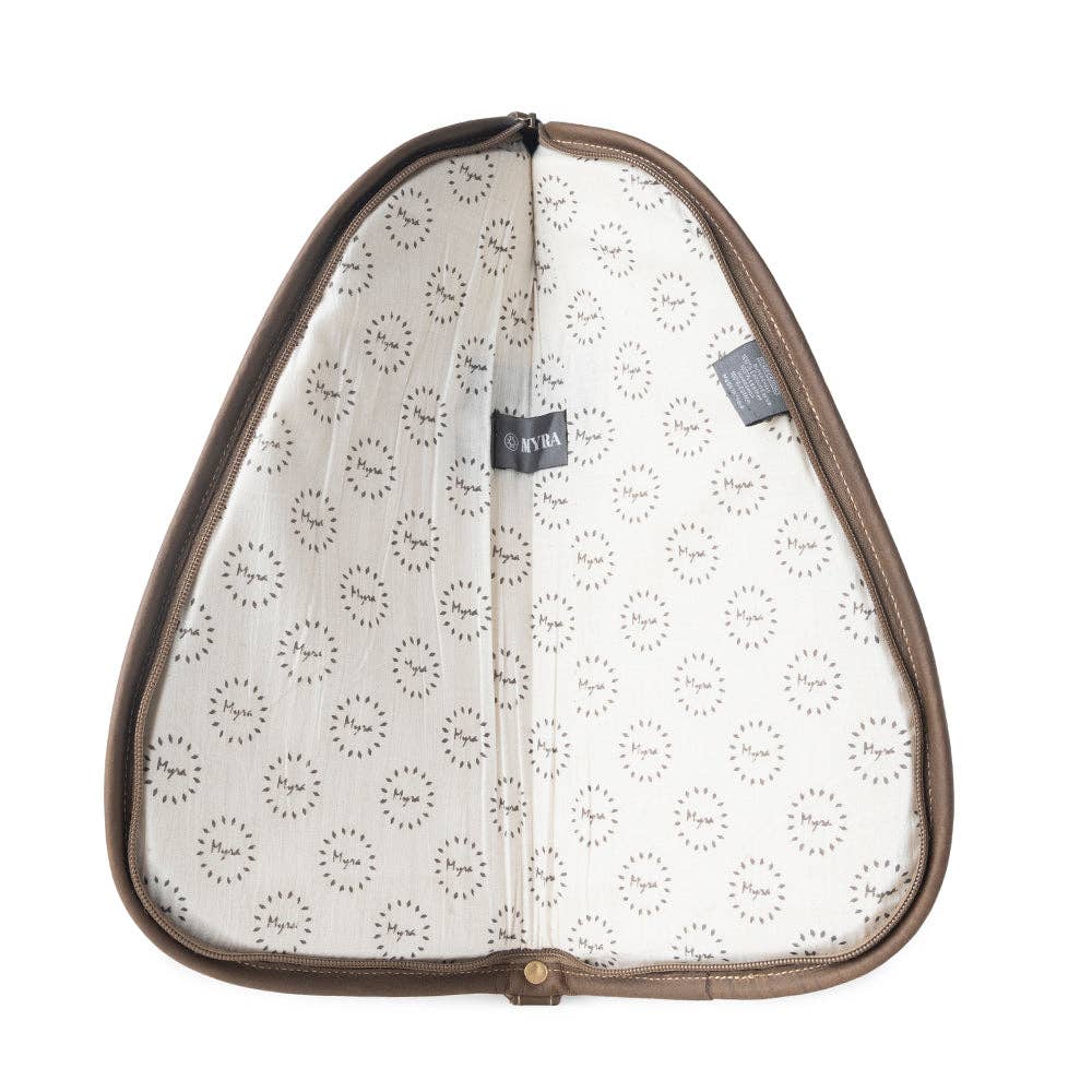 Antique olive gun case featuring smooth leather edging, a patterned interior lining, and a stylish curved silhouette.