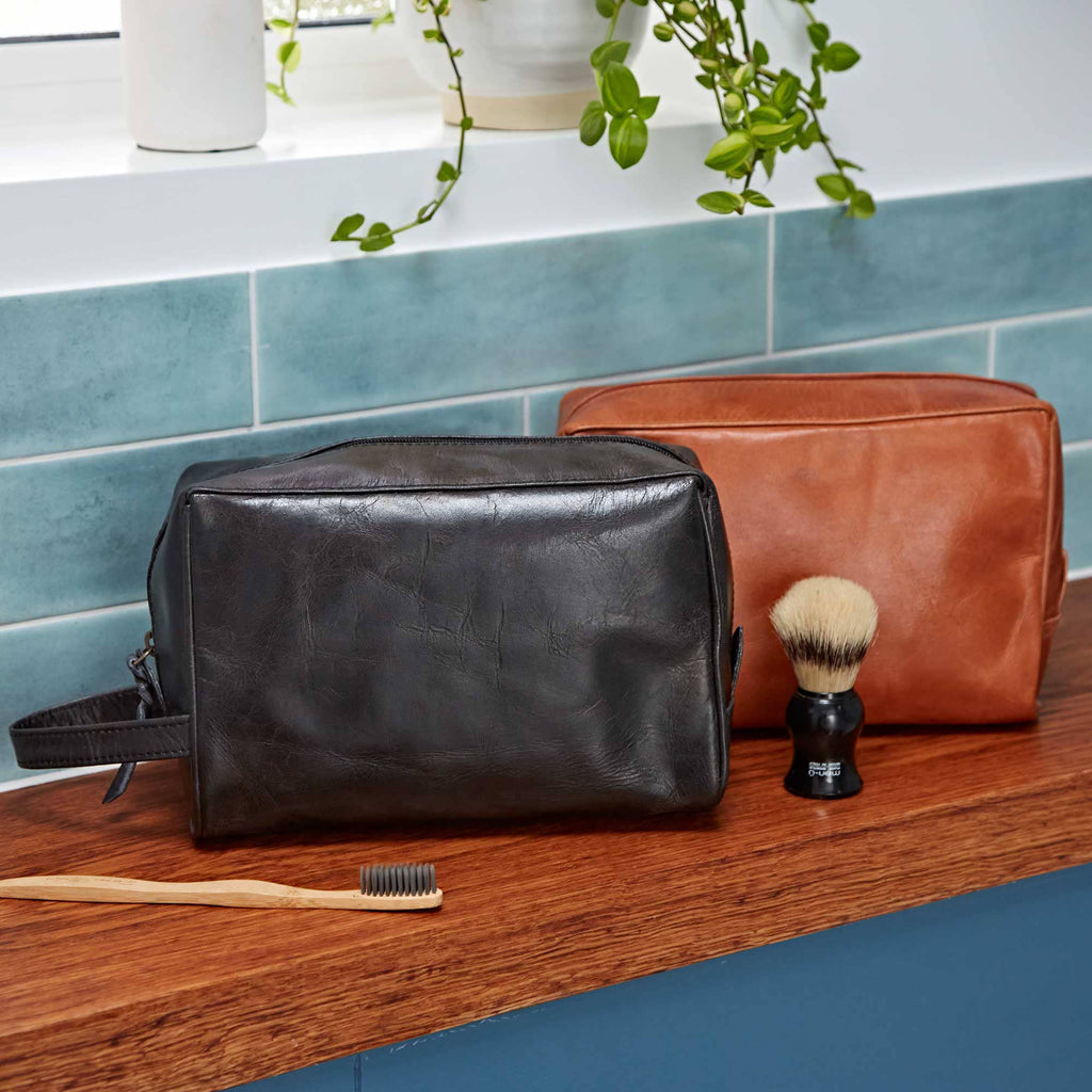 The Paper High Gift Company Limited - Brown And Black Leather Wash Bag - Handmade