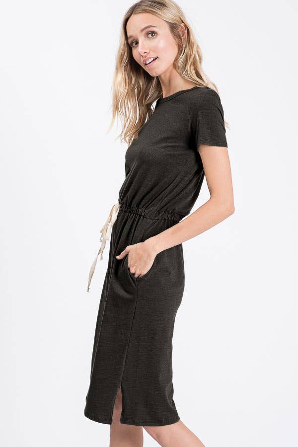 7th Ray - Everyday Drawstring Waist Side Pocket T-Shirt Dress D2465