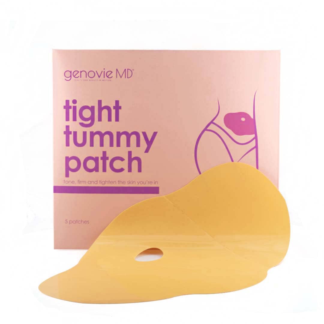 Five Tight Tummy Patches in a pink box, showcasing one patch with a skin-toned color and a hole in the center.