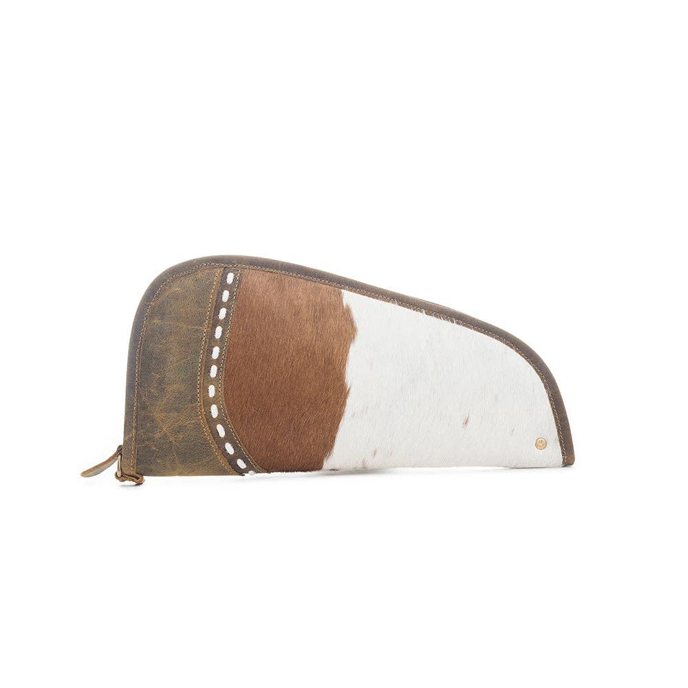Distinct brown and white hairon gun case with chocolate leather trim and wrap-around zipper, designed for small to medium handguns.