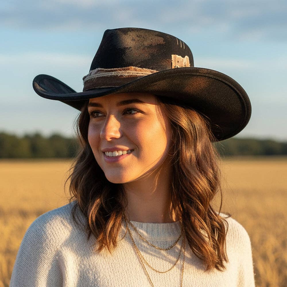 Feather Detail Leather Western Hat