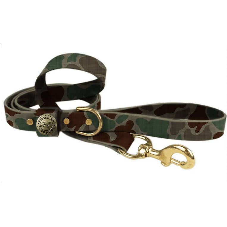 Heavy-duty camouflage dog leash featuring a solid brass clip and durable construction, designed for strong pullers.
