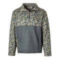 Youth Backwoods Camo Quarter Zip Fleece in green and gray with a zippered front pocket and stand-up collar.