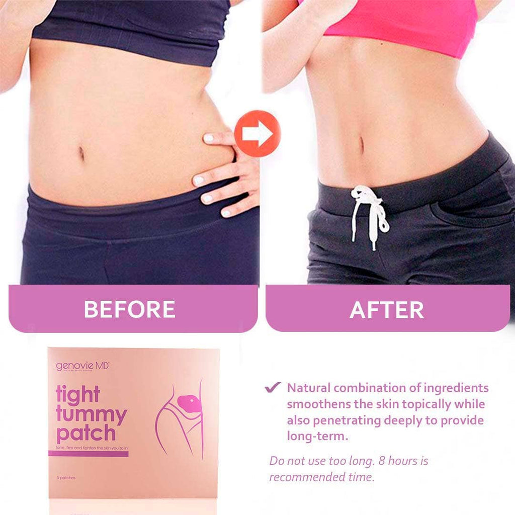 Tight Tummy Patches displayed on skin, showcasing the product packaging and its skin-smoothing benefits.
