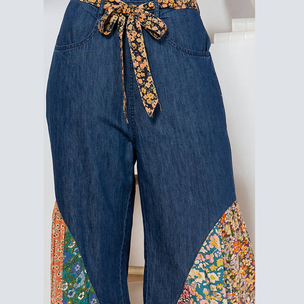 Young Threads - Boho Flare: Overdyed Denim Bellbottom Pants with Printed