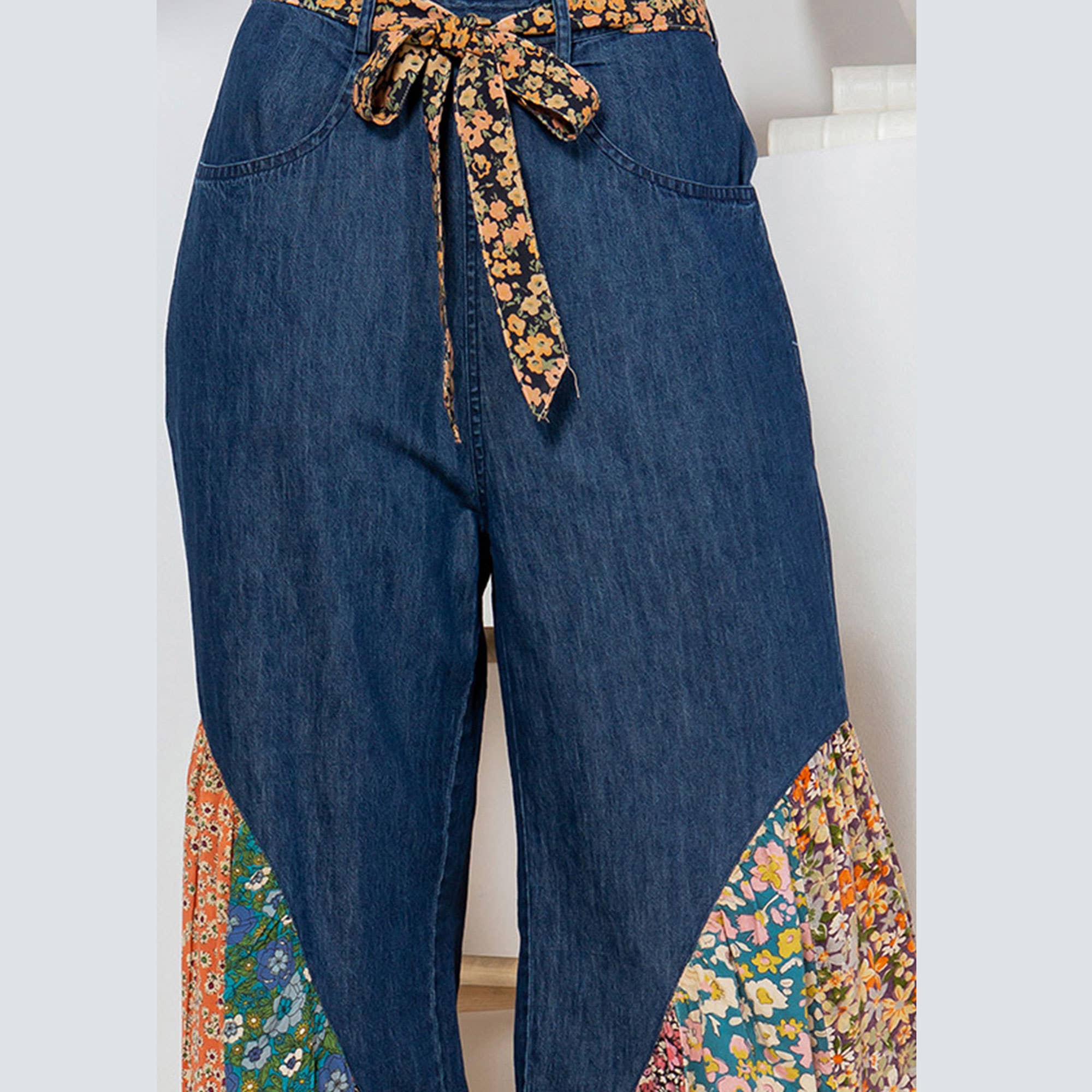 Young Threads - Boho Flare: Overdyed Denim Bellbottom Pants with Printed