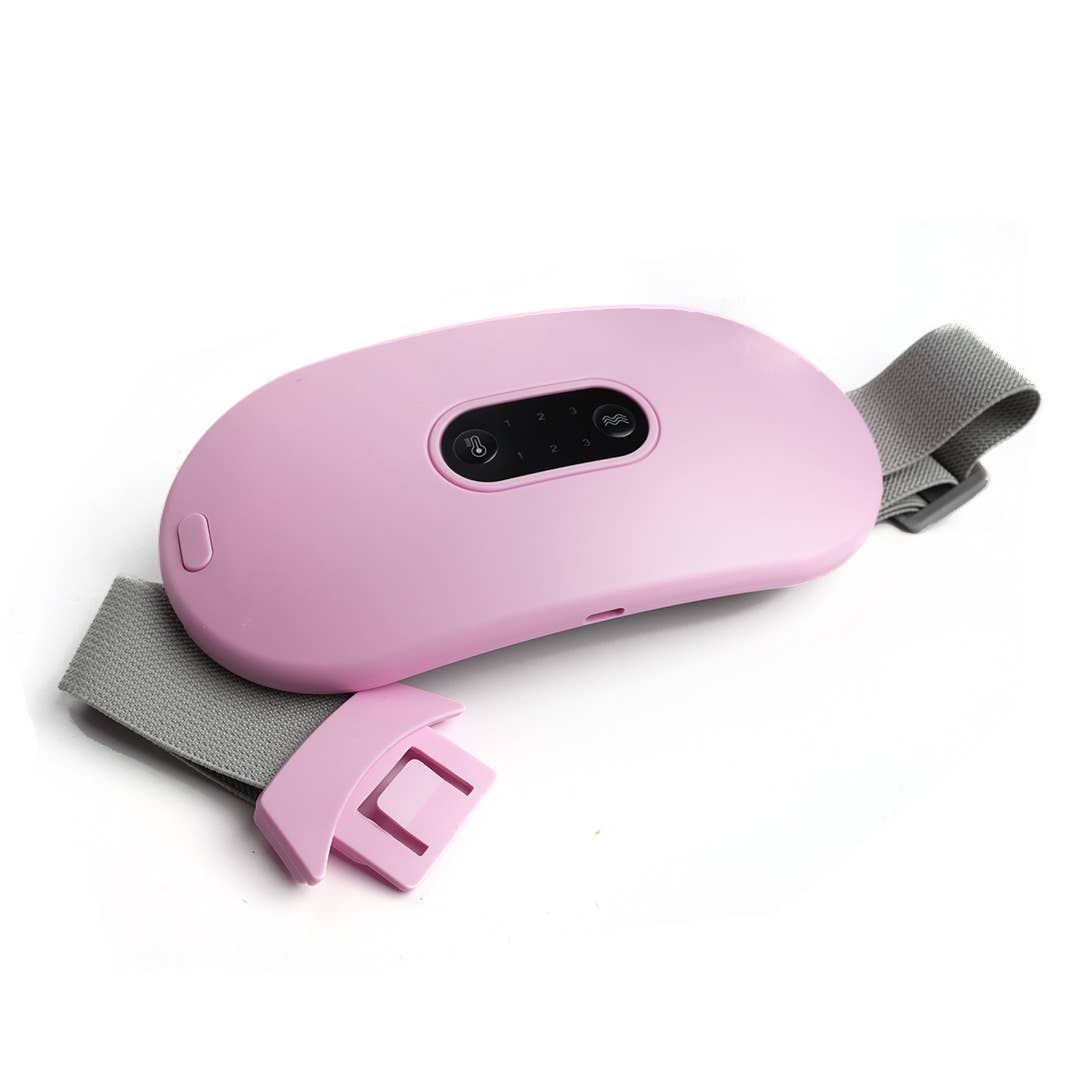Compact pink heating belt with a gray adjustable strap, designed for targeted warmth and drug-free relief from cramps.