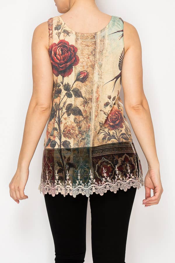 Origami Apparel ~  Lace and Crochet inspired - Soft Relaxed Tank With Delicate Floral Laced Hem - T08BG VINT BIRD