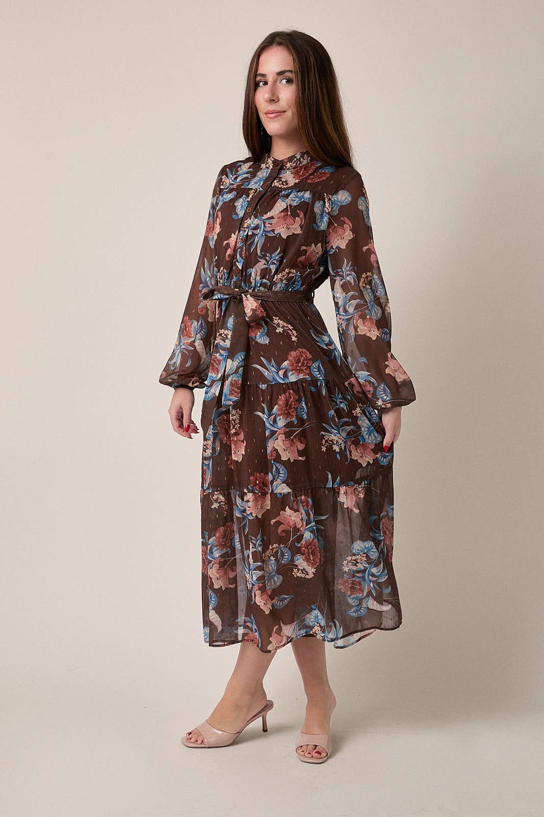 GILLI - ROUND NECK LONG SLEEVE BUTTON UP WAIST TIE FLORAL MIDI DRESS