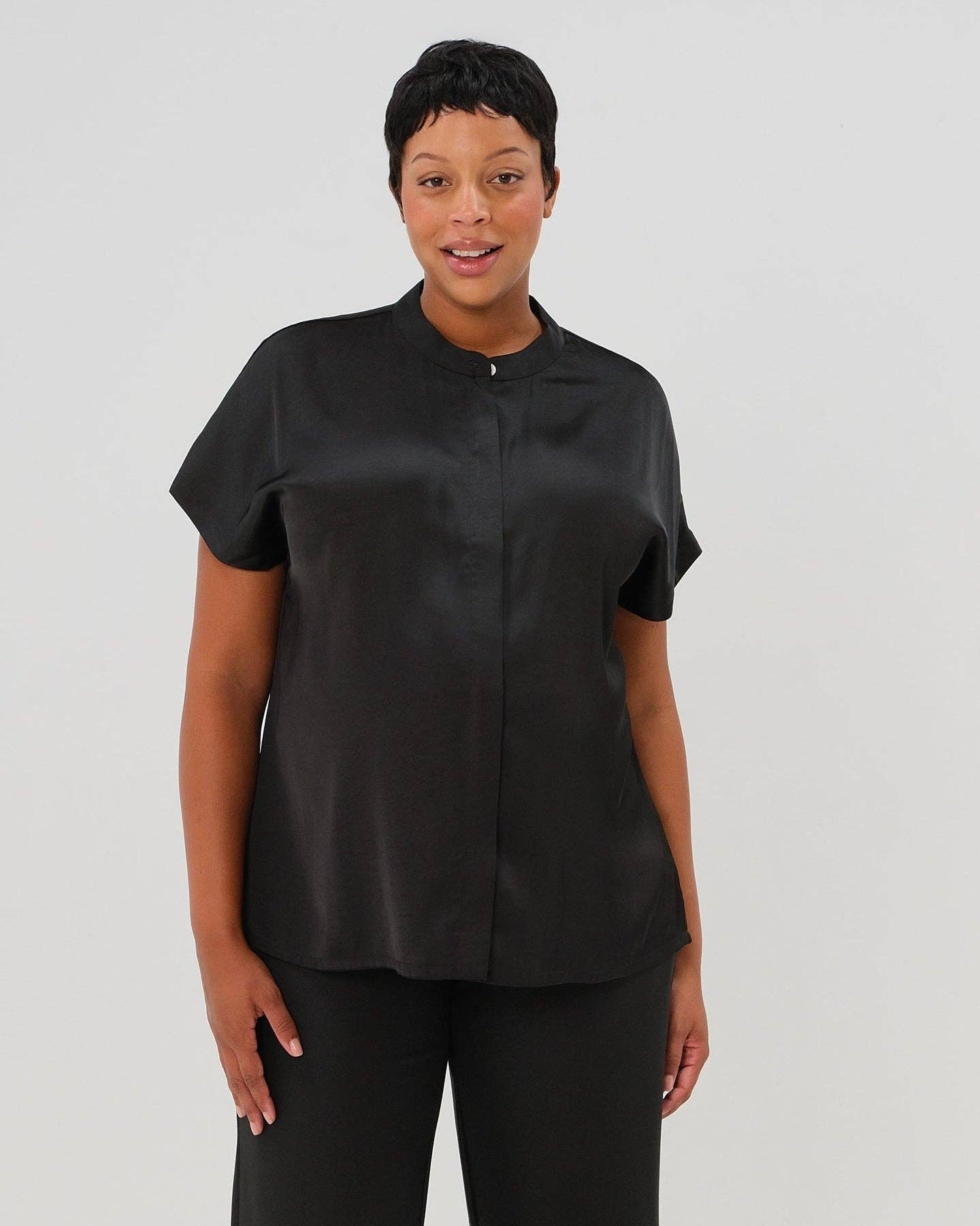 MARION - Short Sleeve Satin Maternity Shell Top with Concealed Nursing Zip
