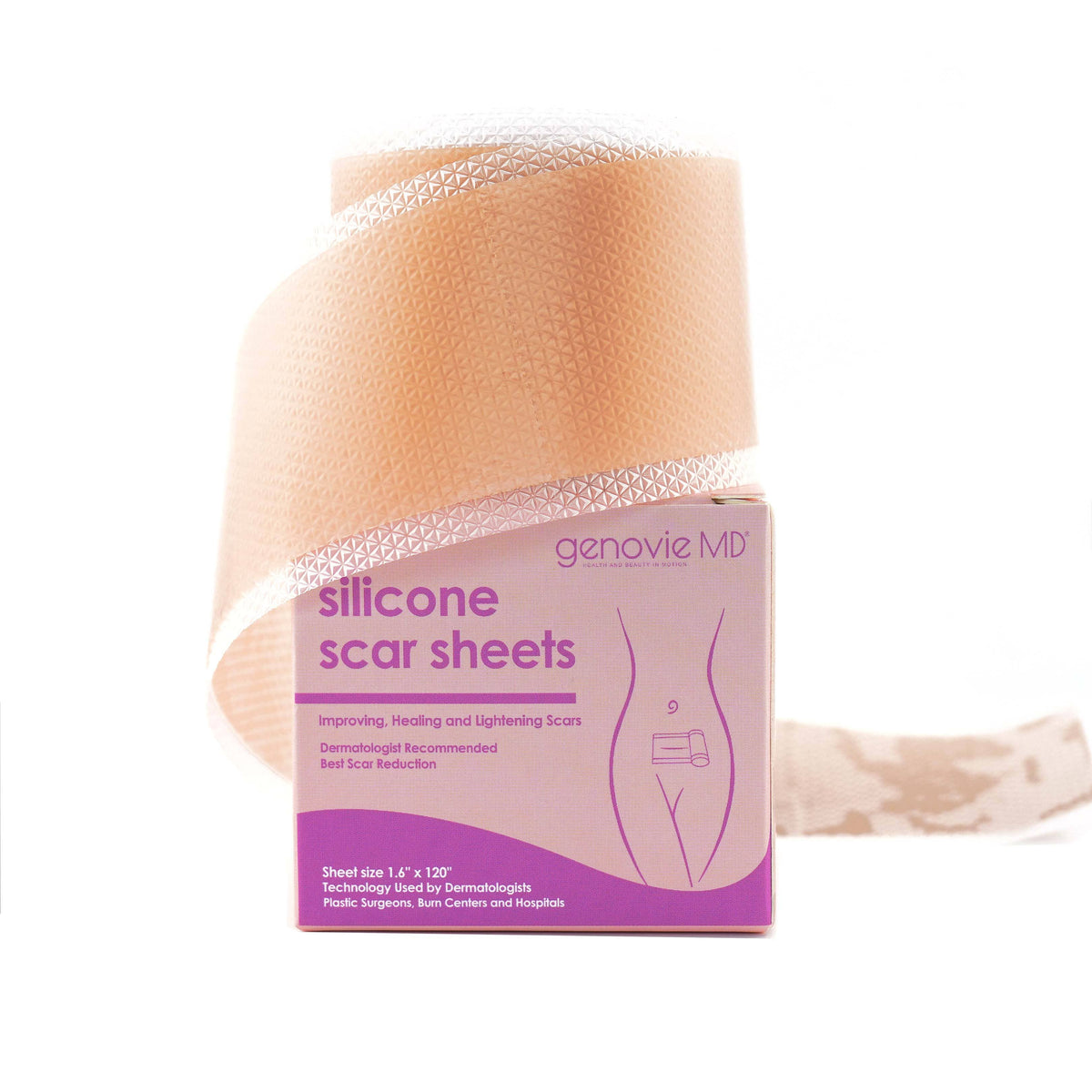 Light-colored silicone scar sheet roll, showing partially unrolled section, designed for customizable sizing and smoothing.