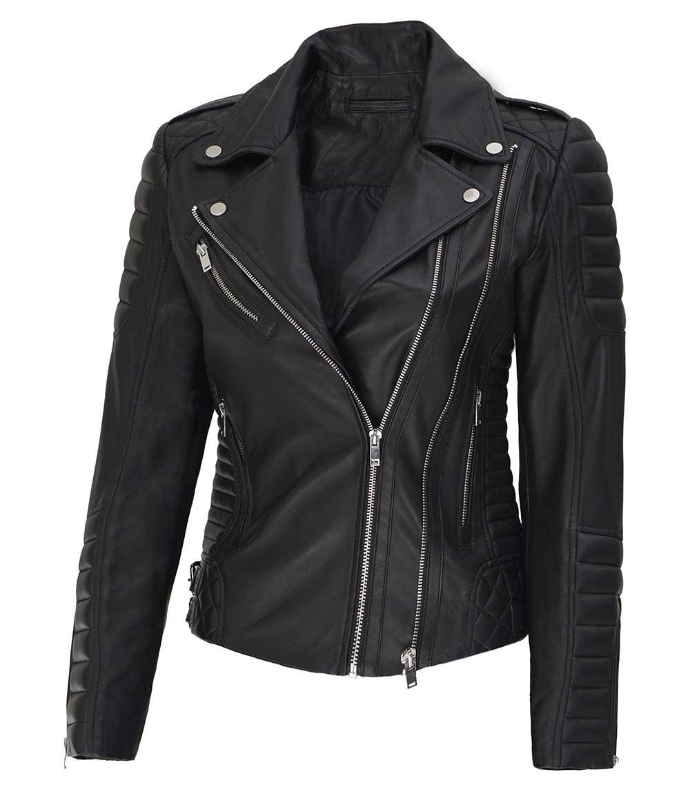 Angel Jackets - Black Asymmetrical Biker Quilted Leather Jacket