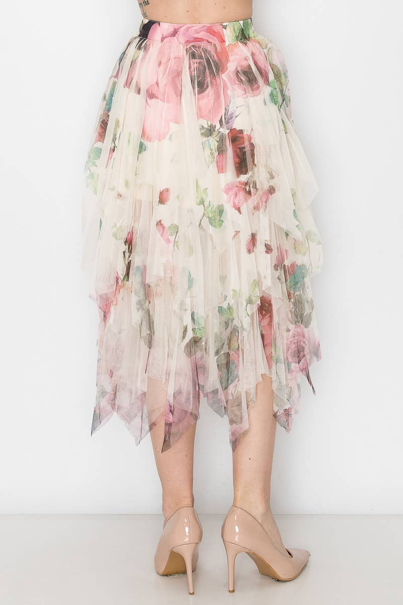 Origami Apparel ~  Lace and Crochet inspired - Dreamy Tiered Tulle Midi Skirt With Floaty Hem - 4546 BG/BIG ROSE