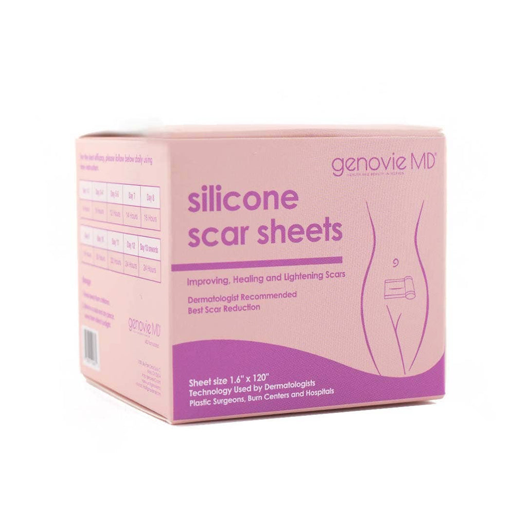 Silicone scar sheet roll in a box, featuring a body silhouette and labeled for best scar reduction.