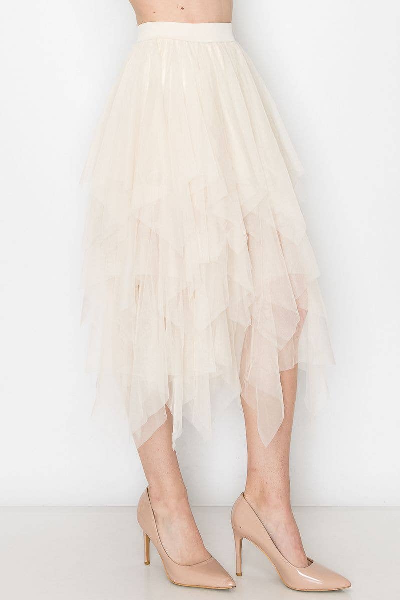 Origami Apparel ~  Lace and Crochet inspired - Dreamy Tiered Tulle Midi Skirt OLS - 4546 BEIGE