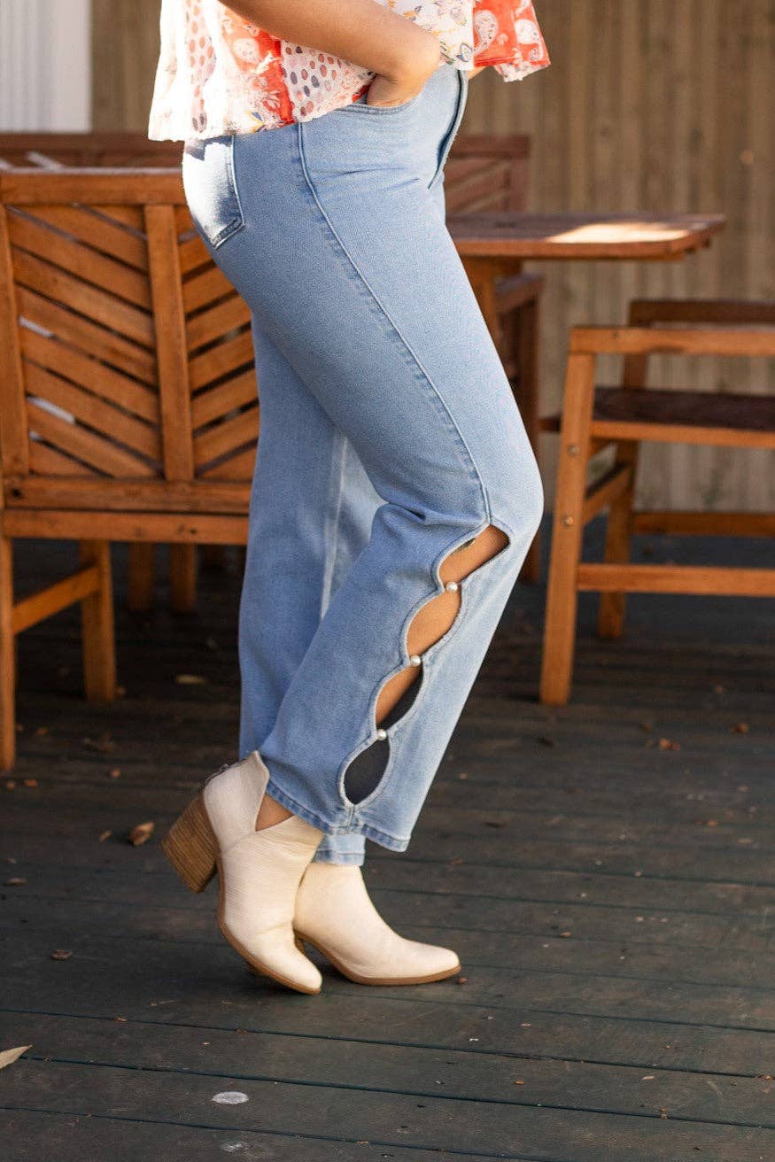 GRACE+EMMA by Southern Grace - The Eli Light Wash Straight Leg Jean with Scalloped Cutouts