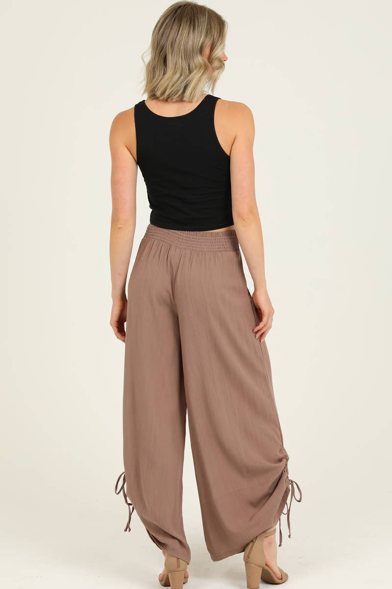 ANGIE - B3710-ASIS SIDE CINCH WIDE LEG PANTS WITH SMOCKED WAIST AND