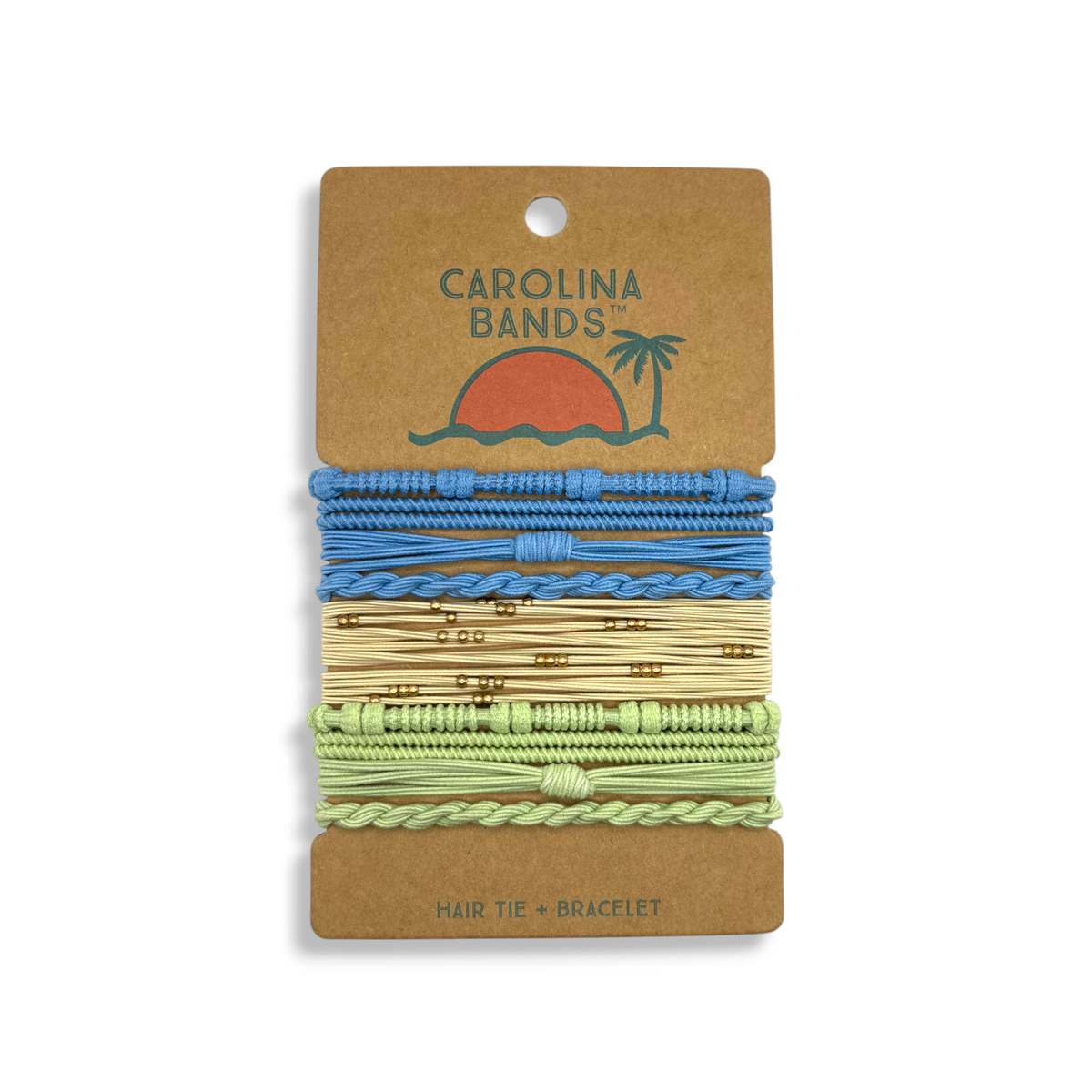 A set of Carolina Bands hair tie bracelets in blue, yellow, and green with various textures and patterns. Perfect for everyday wear.