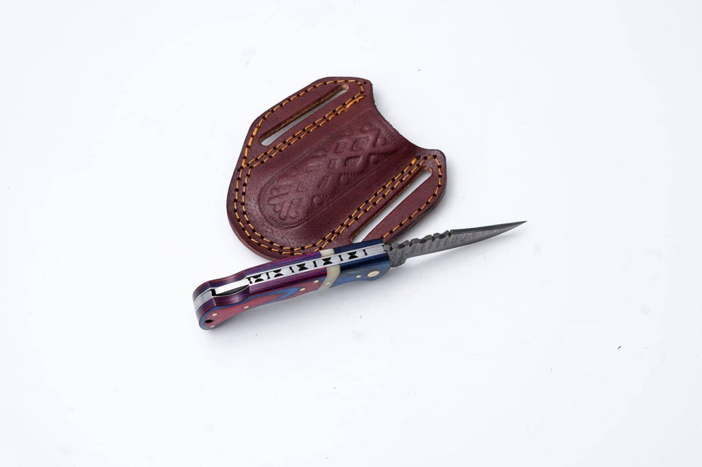 Titan International - Patriot Series Damascus Folding Knife – Red & Blue Handle with Leather Sheath