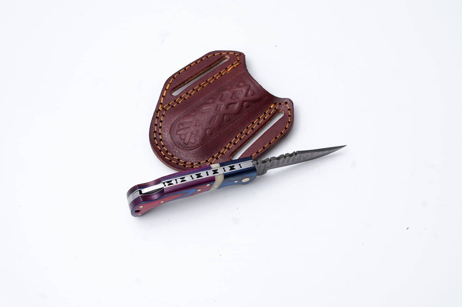 Titan International - Patriot Series Damascus Folding Knife – Red & Blue Handle with Leather Sheath
