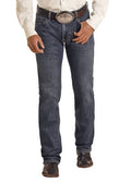 Straight-leg dark wash jeans with classic five-pocket styling, perfect for a rugged Western look.