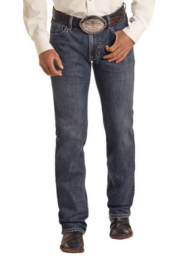 Straight-leg dark wash jeans with classic five-pocket styling, perfect for a rugged Western look.