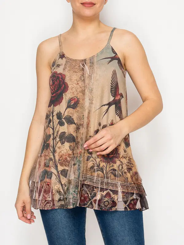 Spaghetti Strap Ruffle Hem Tank - Vintage Rose